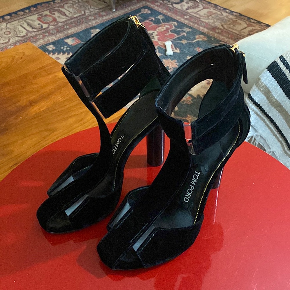 Tom Ford Black Leather Velvet High-Heel Strap Sandals Size 38/US 7.5